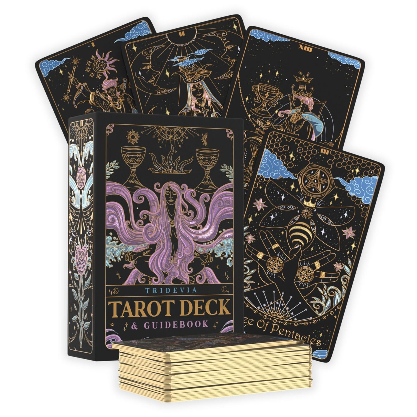 Tridevia Golden Foil 78-Card Tarot Deck with Enlightening Affirmations in a Luxury Collector’s Box