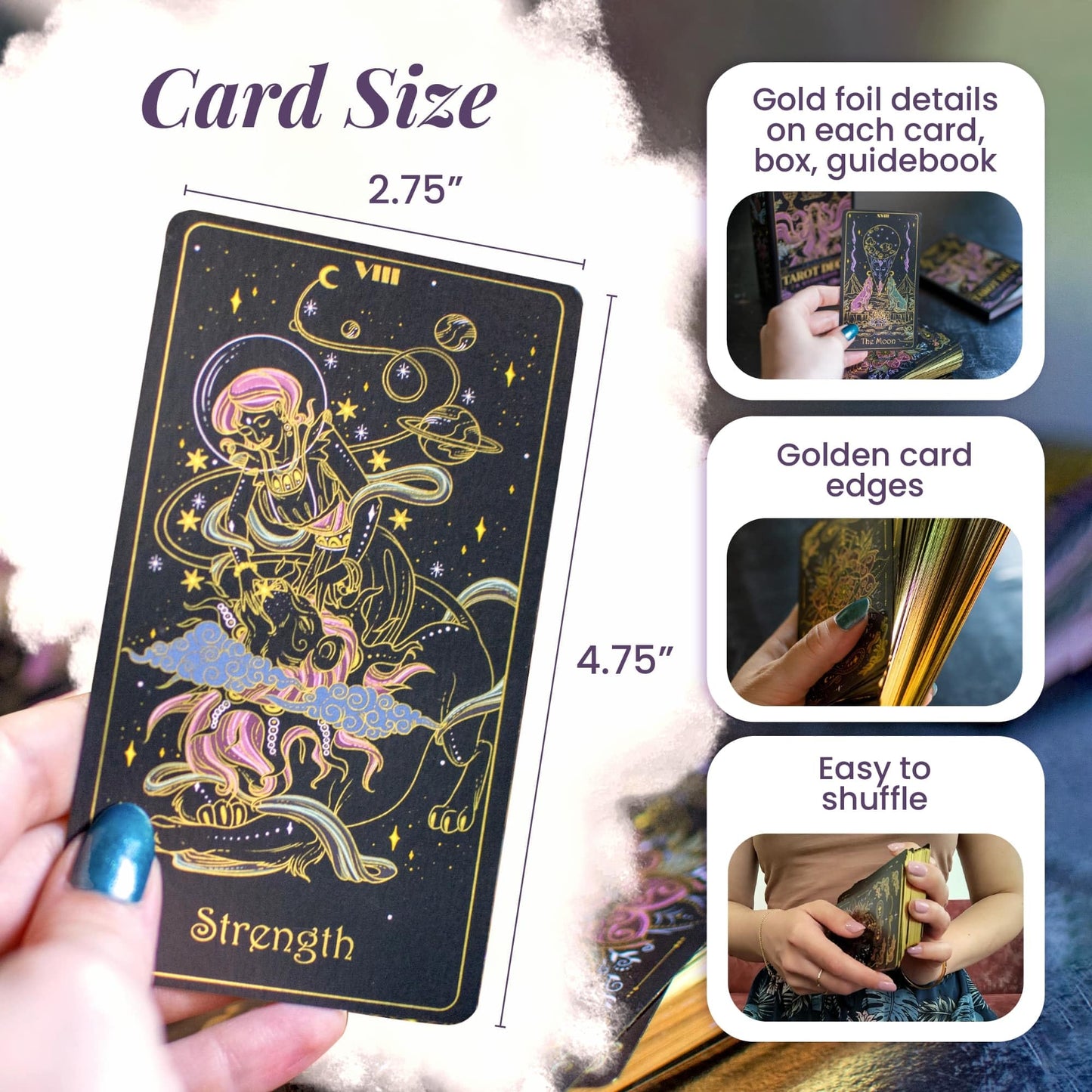 Tridevia Golden Foil 78-Card Tarot Deck with Enlightening Affirmations in a Luxury Collector’s Box