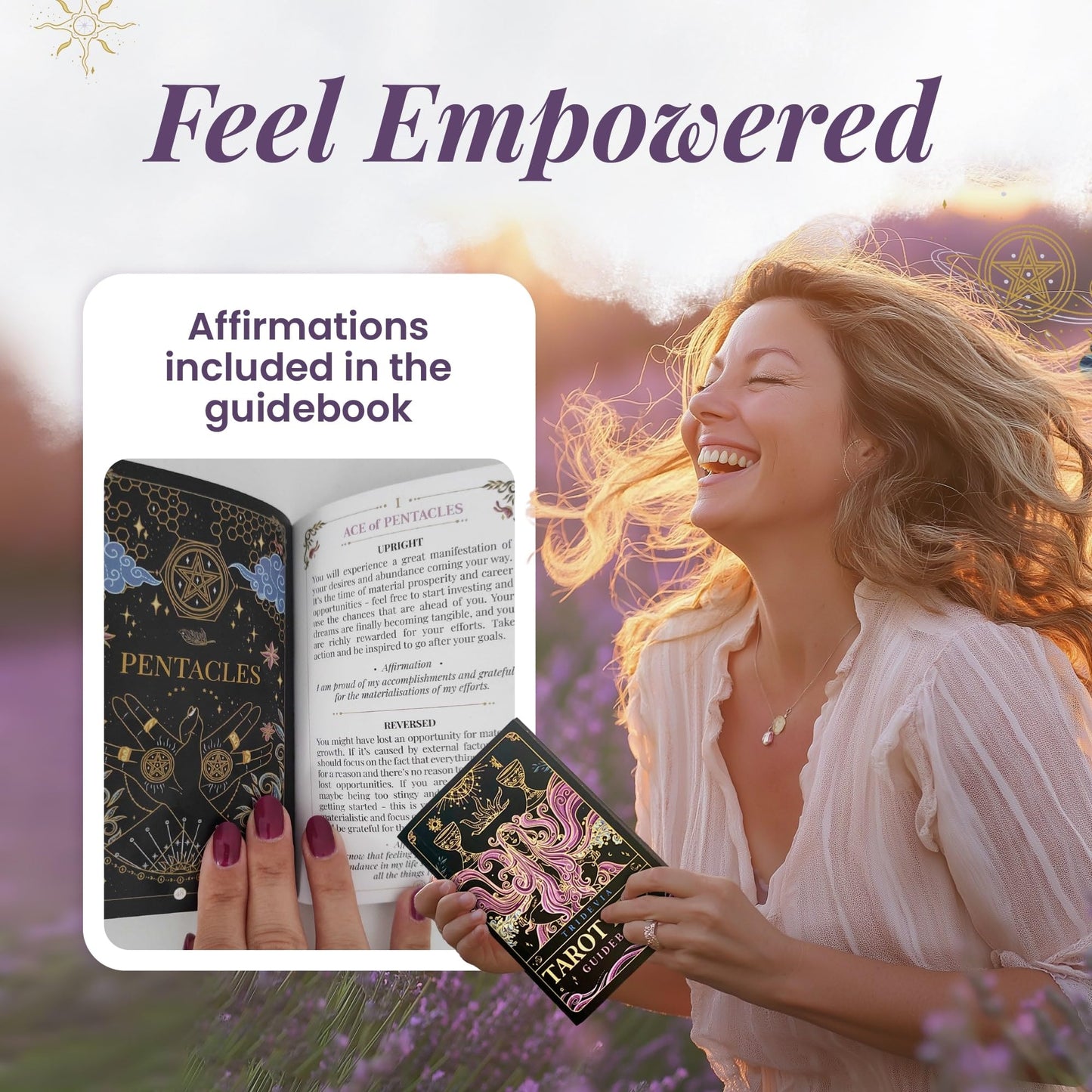 Tridevia Golden Foil 78-Card Tarot Deck with Enlightening Affirmations in a Luxury Collector’s Box