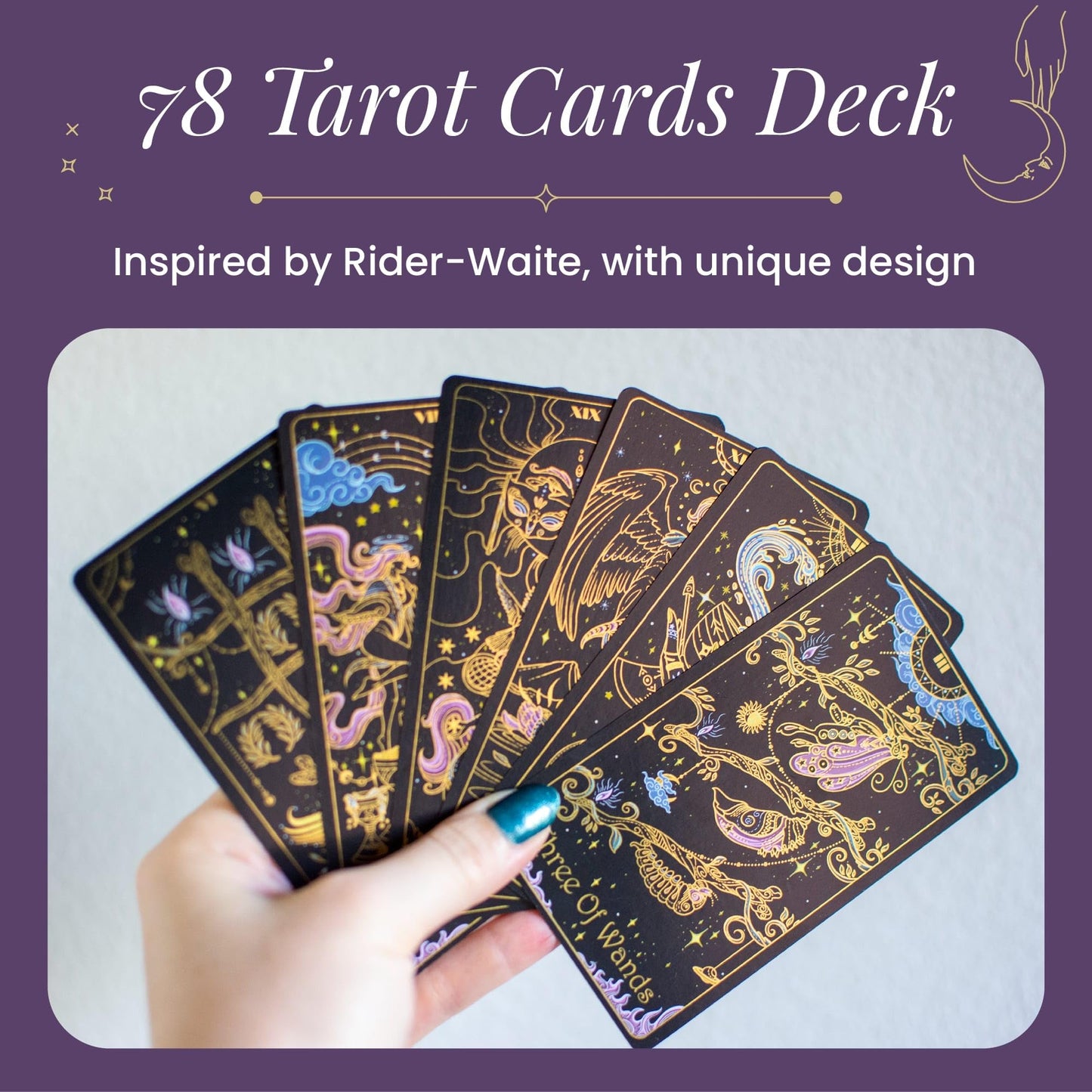 Tridevia Golden Foil 78-Card Tarot Deck with Enlightening Affirmations in a Luxury Collector’s Box